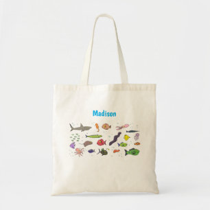 Funny sea creatures cartoon illustration tote bag