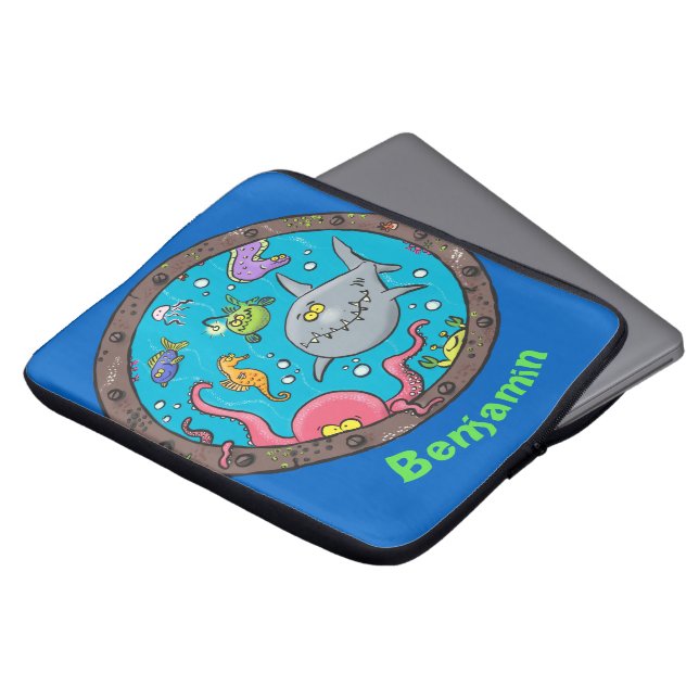 Funny sea creatures in ship port hole cartoon laptop sleeve (Front Top)