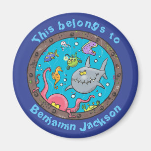 Funny sea creatures in shipwreck porthole cartoon magnet