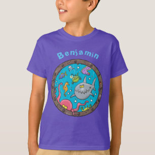 Funny sea creatures sunken ship porthole cartoon T-Shirt