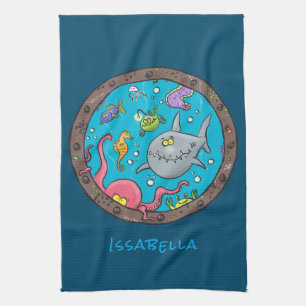 Funny sea creatures underwater cartoon 2 tea towel