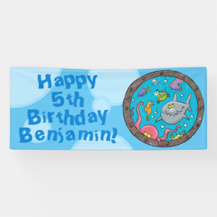 Funny sea creatures underwater cartoon birthday banner
