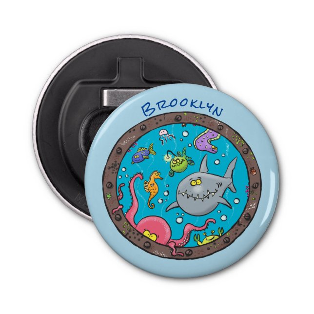 Funny sea creatures underwater cartoon drawing bottle opener (Front)