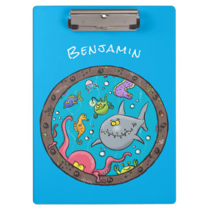 Funny sea creatures underwater cartoon drawing clipboard