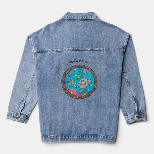 Funny sea creatures underwater cartoon drawing denim jacket (Back)