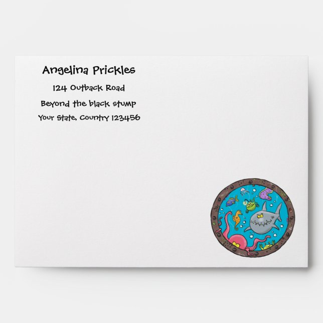 Funny sea creatures underwater cartoon drawing envelope (Front)