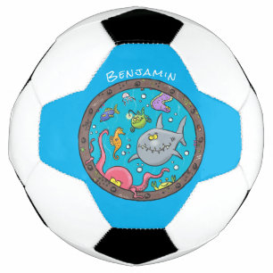 Funny sea creatures underwater cartoon drawing football
