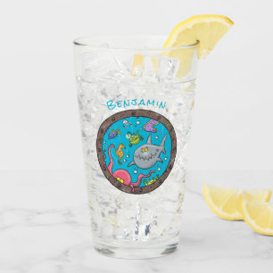 Funny sea creatures underwater cartoon drawing glass