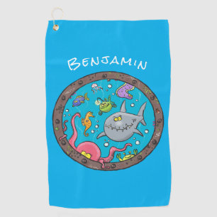 Funny sea creatures underwater cartoon drawing golf towel