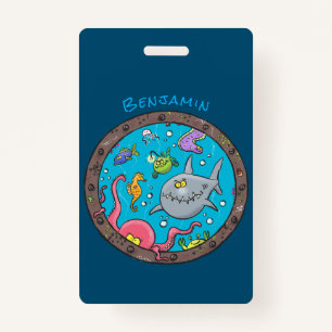 Funny sea creatures underwater cartoon drawing ID badge