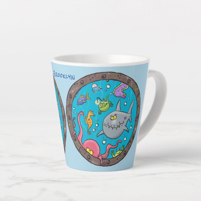 Funny sea creatures underwater cartoon drawing latte mug (Right Angle)