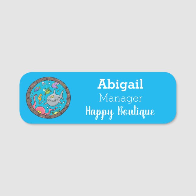 Funny sea creatures underwater cartoon drawing name tag (Front)