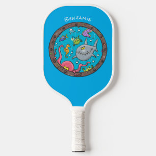 Funny sea creatures underwater cartoon drawing  pickleball paddle