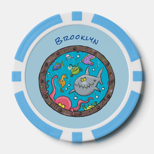 Funny sea creatures underwater cartoon drawing poker chips (Front)