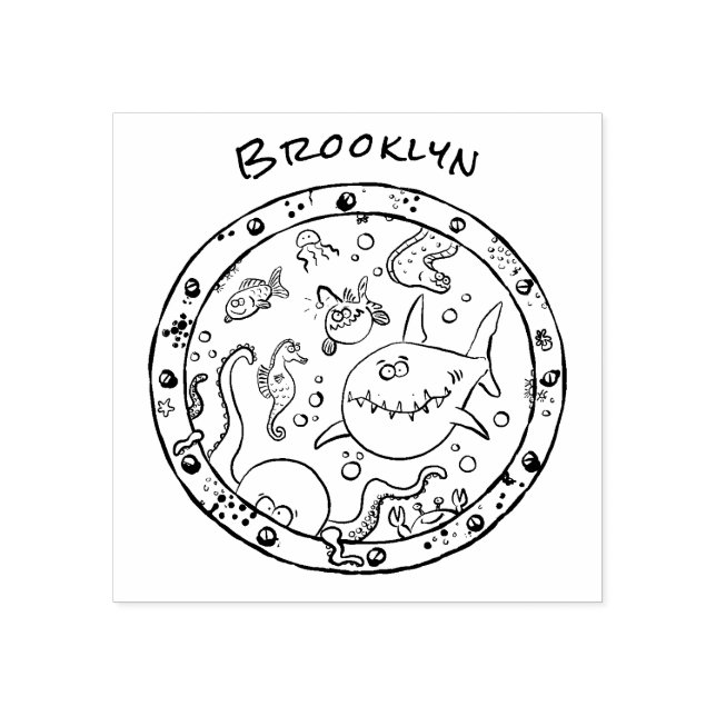 Funny sea creatures underwater cartoon drawing rubber stamp (Imprint)