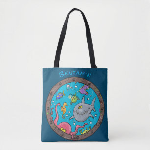 Funny sea creatures underwater cartoon drawing tote bag