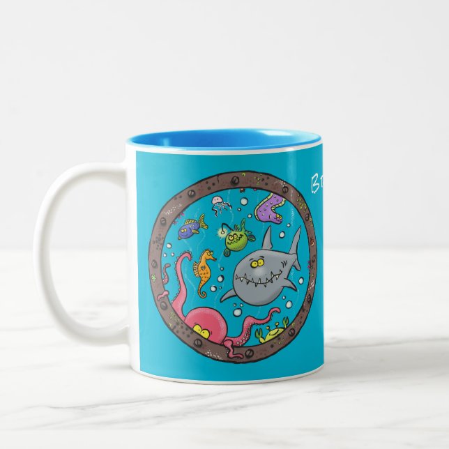 Funny sea creatures underwater cartoon drawing Two-Tone coffee mug (Left)