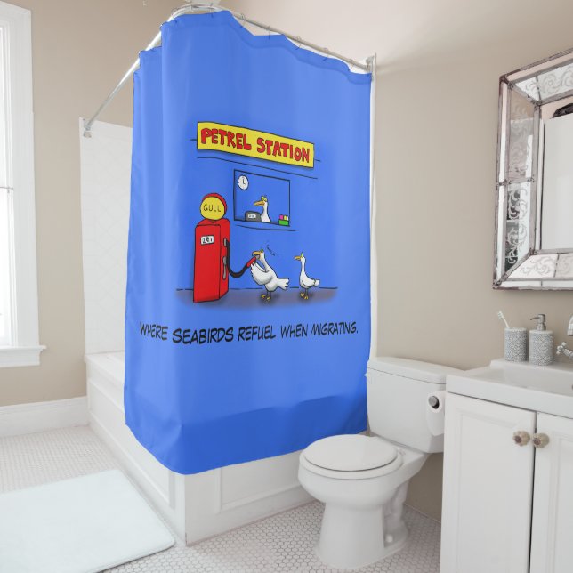 Funny sea gulls petrel cartoon humour shower curtain (In Situ)