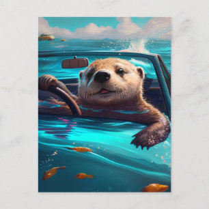 Funny Sea Otter Driving on Water Postcard