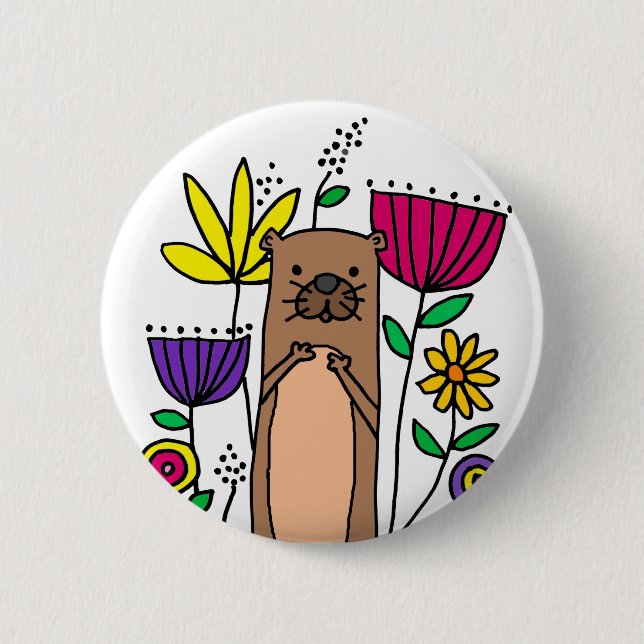 Funny Sea Otter in Flower Garden Cartoon 6 Cm Round Badge (Front)