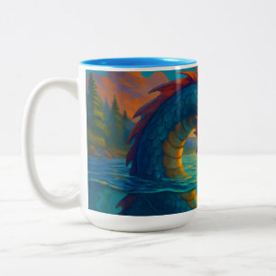 Funny sea serpent playing with a fisherman fantasy Two-Tone coffee mug