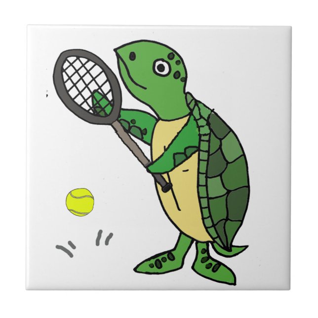Funny Sea Turtle Playing Tennis Cartoon Tile (Front)