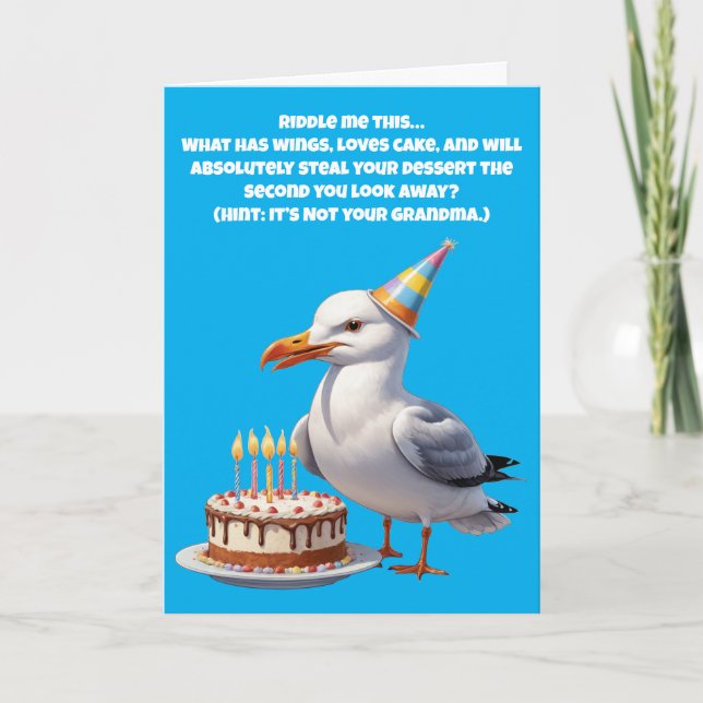 Funny Seagull Birthday Riddle – Cake at Risk! Card (Front)