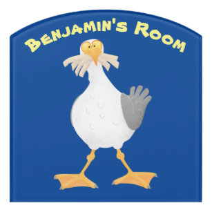 Funny seagull with French fries cartoon Door Sign