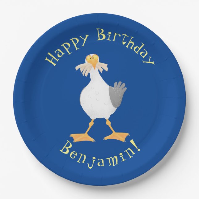 Funny seagull with French fries cartoon Paper Plate (Front)