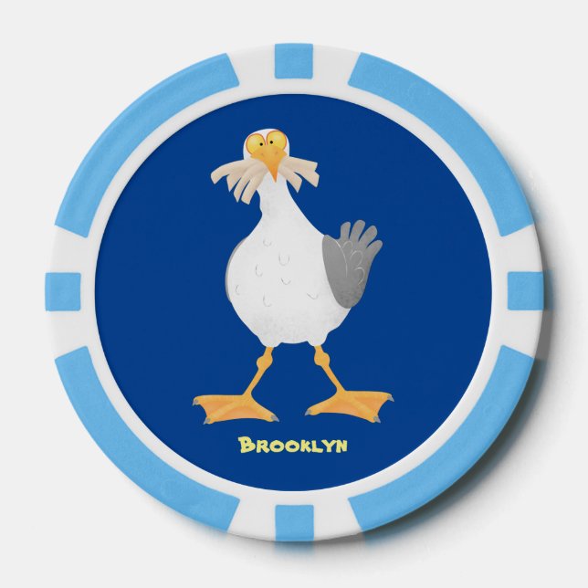 Funny seagull with French fries cartoon Poker Chips (Front)