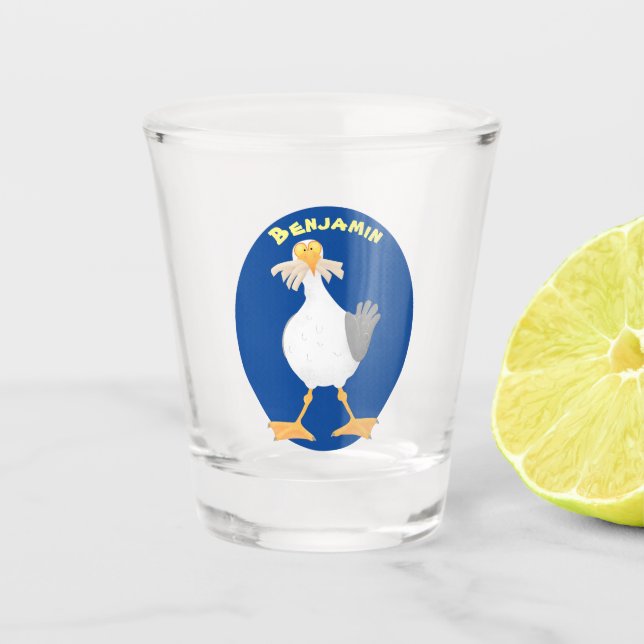 Funny seagull with French fries cartoon Shot Glass (Front)