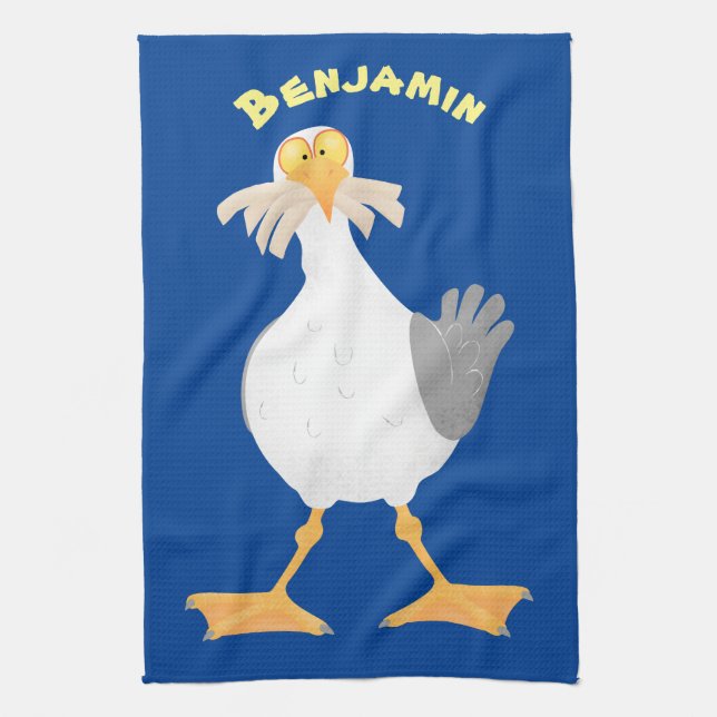 Funny seagull with French fries cartoon Tea Towel (Vertical)