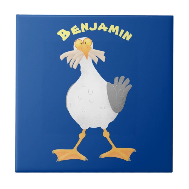 Funny seagull with French fries cartoon Tile (Front)