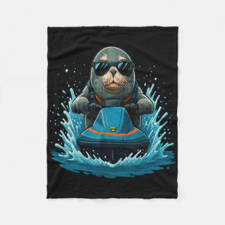 Funny Seal With Sungles Sea Animal Jet Ski Rider S Fleece Blanket