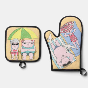 Funny Seaside Couple Cartoon Seaside Art Oven Mitt & Pot Holder Set