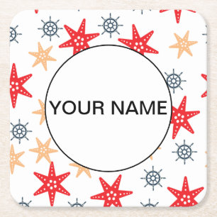 Funny Seastars And Steerwheels Pattern Square Paper Coaster