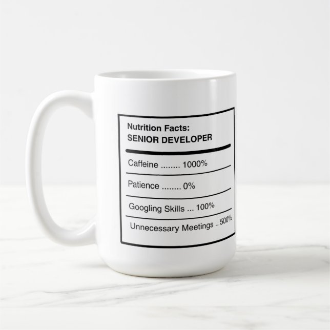Funny Senior Developer Nutrition Facts Coffee Mug (Left)