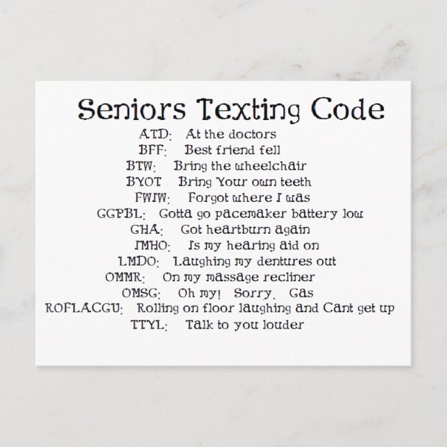 funny Seniors texting code Postcard (Front)