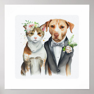 funny serious: cat and dog weding, watercolor   poster