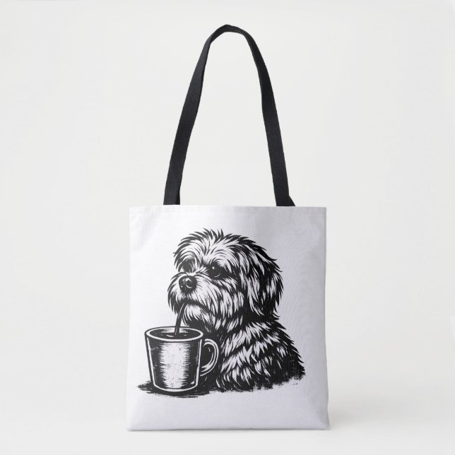 Funny Shaggy Dog Drinking Coffee Sketch Tote Bag (Front)