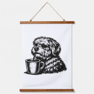 ​Funny Shaggy Dog Drinking Coffee Wood Wall Tapest Hanging Tapestry