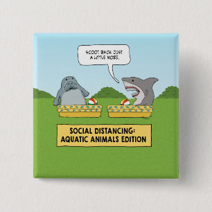Funny Shark and Manatee Social Distancing 15 Cm Square Badge