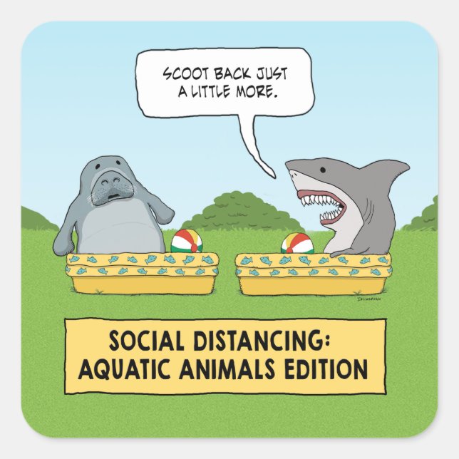 Funny Shark and Manatee Social Distancing Square Sticker (Front)
