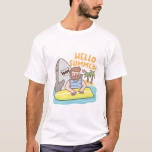 Funny Shark And Surfer, Hello Summer T-Shirt