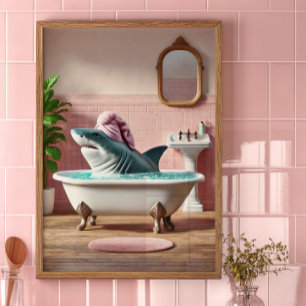 Funny Shark Bath Poster Pink Bathroom Wall Art