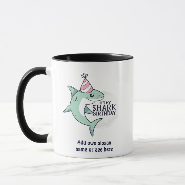 Funny SHARK Birthday Cartoon Kids Teens Adult Gift Mug (Left)
