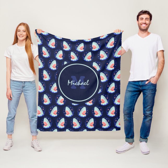 Funny Shark Boy Stars Navy Blue Nautical Monogram  Fleece Blanket (In Situ)