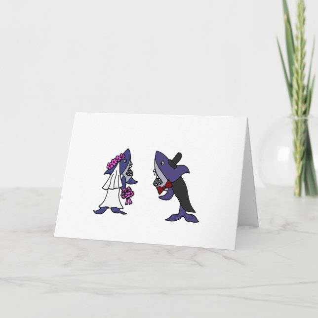 Funny Shark Bride and Groom Wedding Cartoon Card (Front)