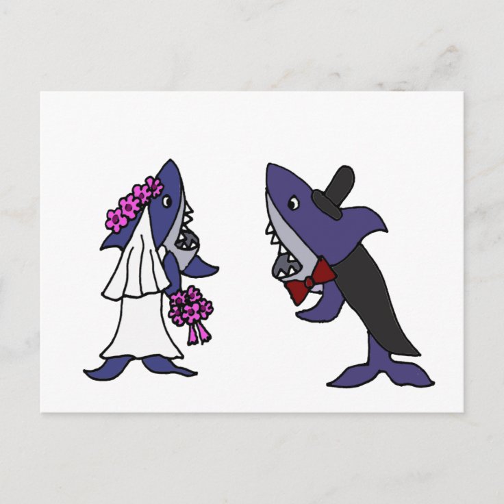 Funny Shark Bride and Groom Wedding Cartoon Postcard | Zazzle