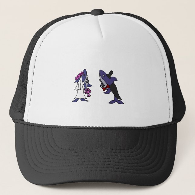 Funny Shark Bride and Groom Wedding Cartoon Trucker Hat (Front)